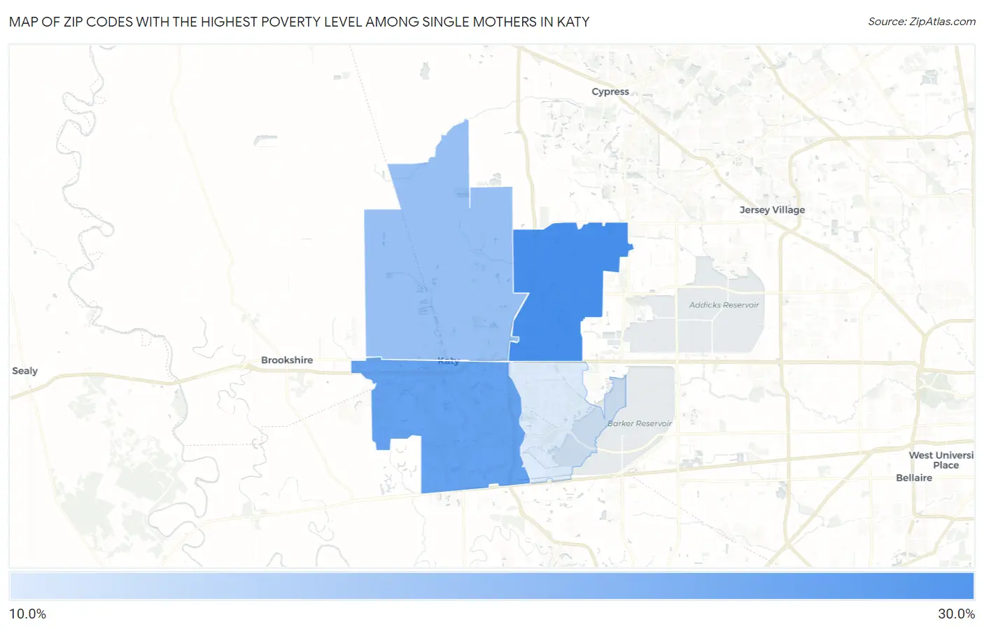 Zip Codes with the Highest Poverty Level Among Single Mothers in Katy Map