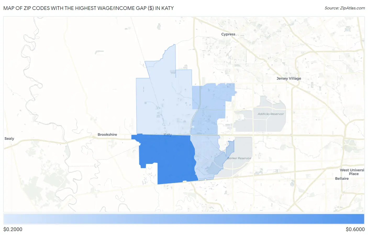 Zip Codes with the Highest Wage/Income Gap ($) in Katy Map