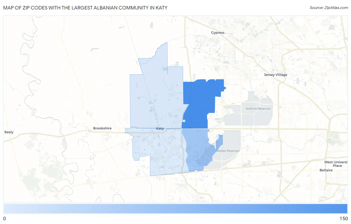 Zip Codes with the Largest Albanian Community in Katy Map