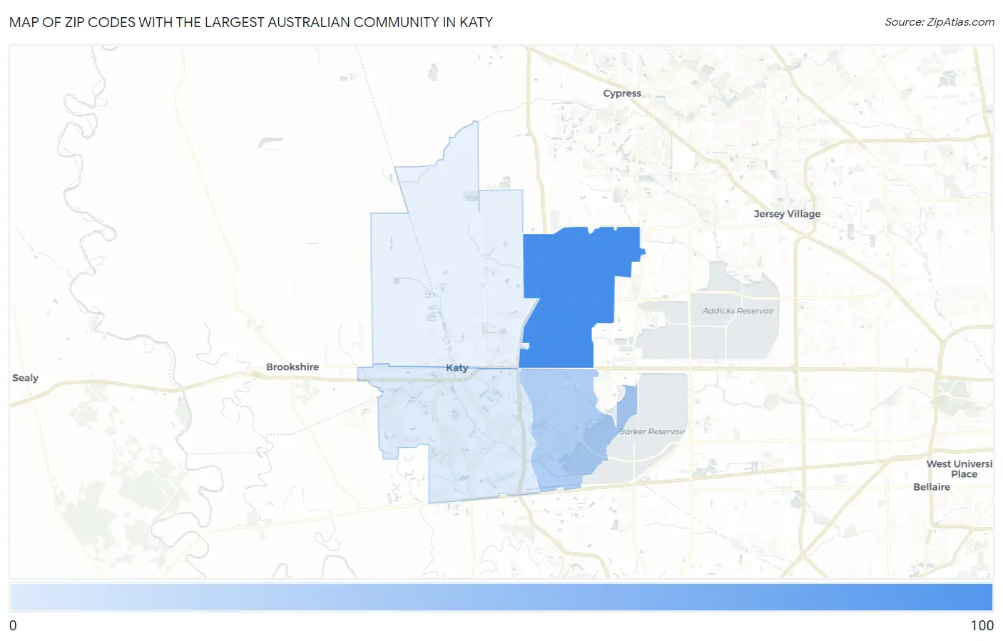 Zip Codes with the Largest Australian Community in Katy Map