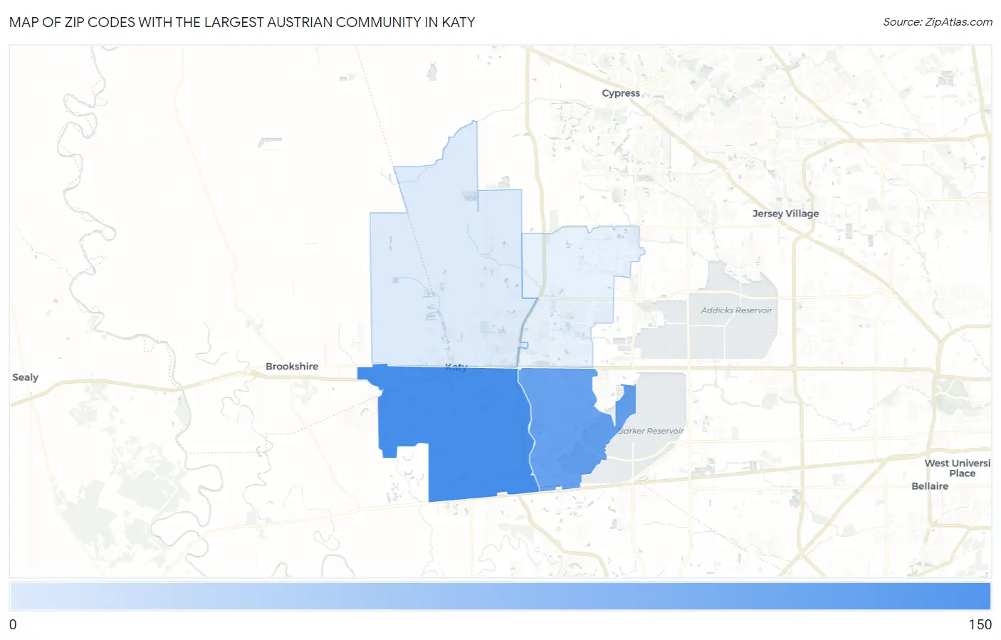 Zip Codes with the Largest Austrian Community in Katy Map