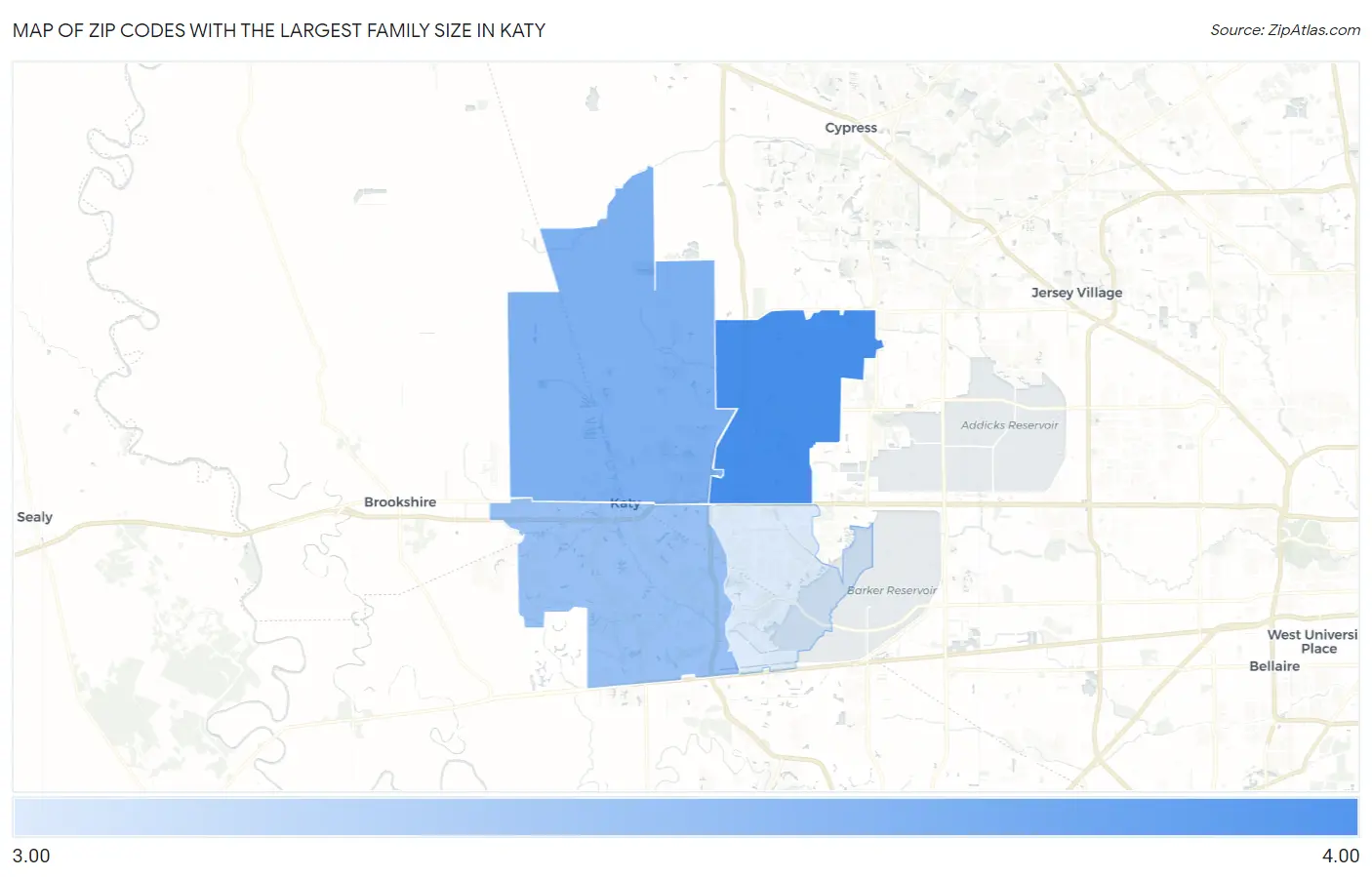 Zip Codes with the Largest Family Size in Katy Map