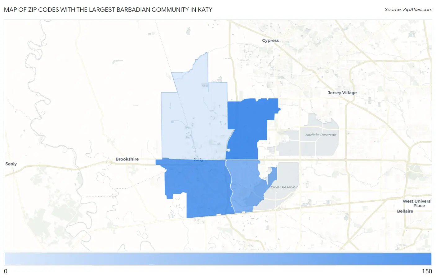 Zip Codes with the Largest Barbadian Community in Katy Map