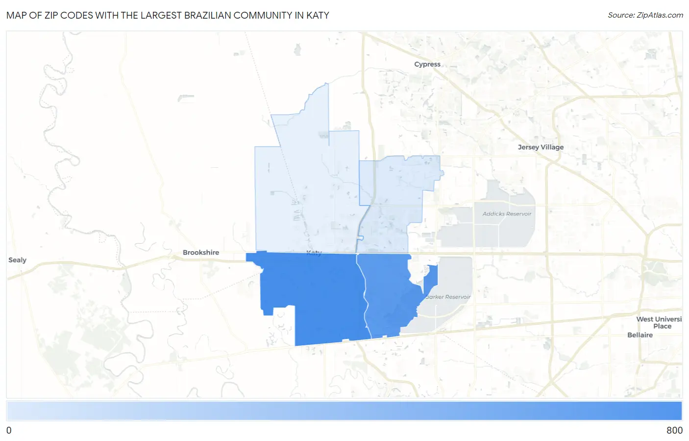 Zip Codes with the Largest Brazilian Community in Katy Map