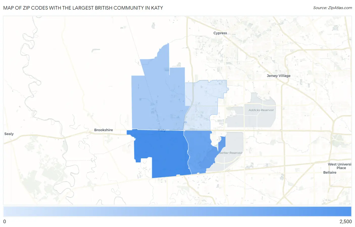 Zip Codes with the Largest British Community in Katy Map