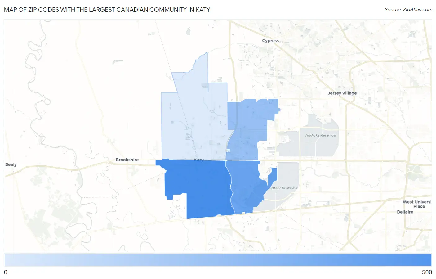 Zip Codes with the Largest Canadian Community in Katy Map