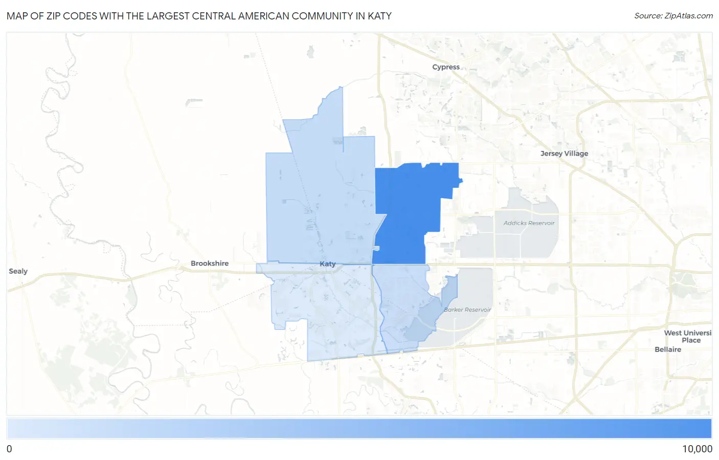 Zip Codes with the Largest Central American Community in Katy Map
