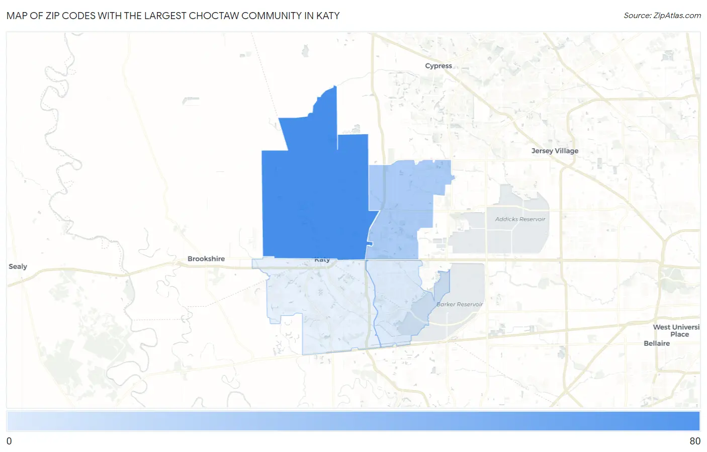 Zip Codes with the Largest Choctaw Community in Katy Map