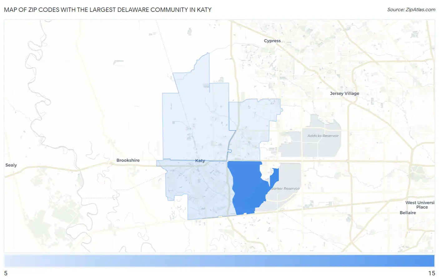 Zip Codes with the Largest Delaware Community in Katy Map