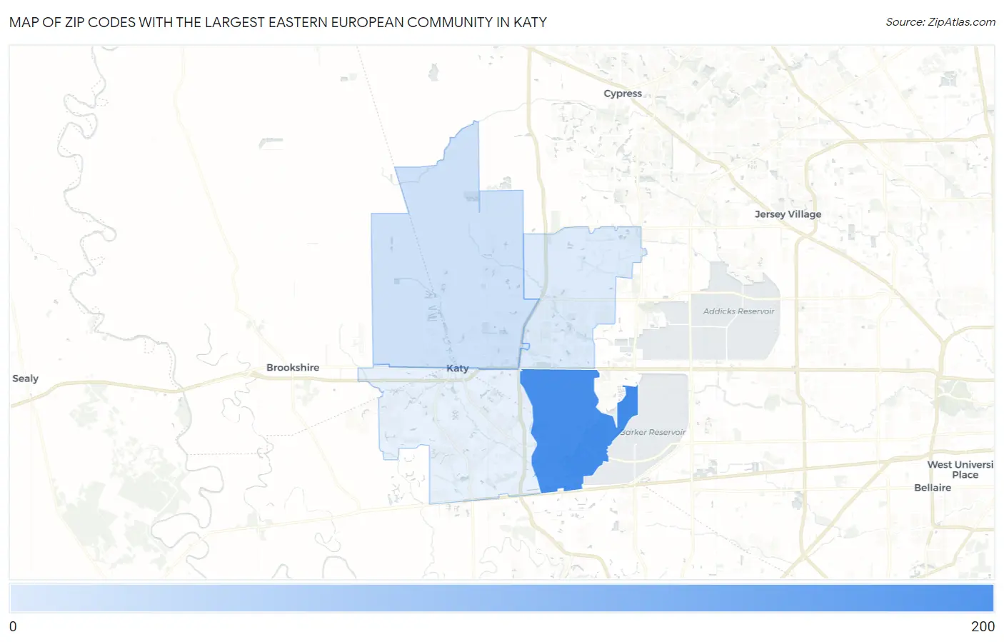 Zip Codes with the Largest Eastern European Community in Katy Map