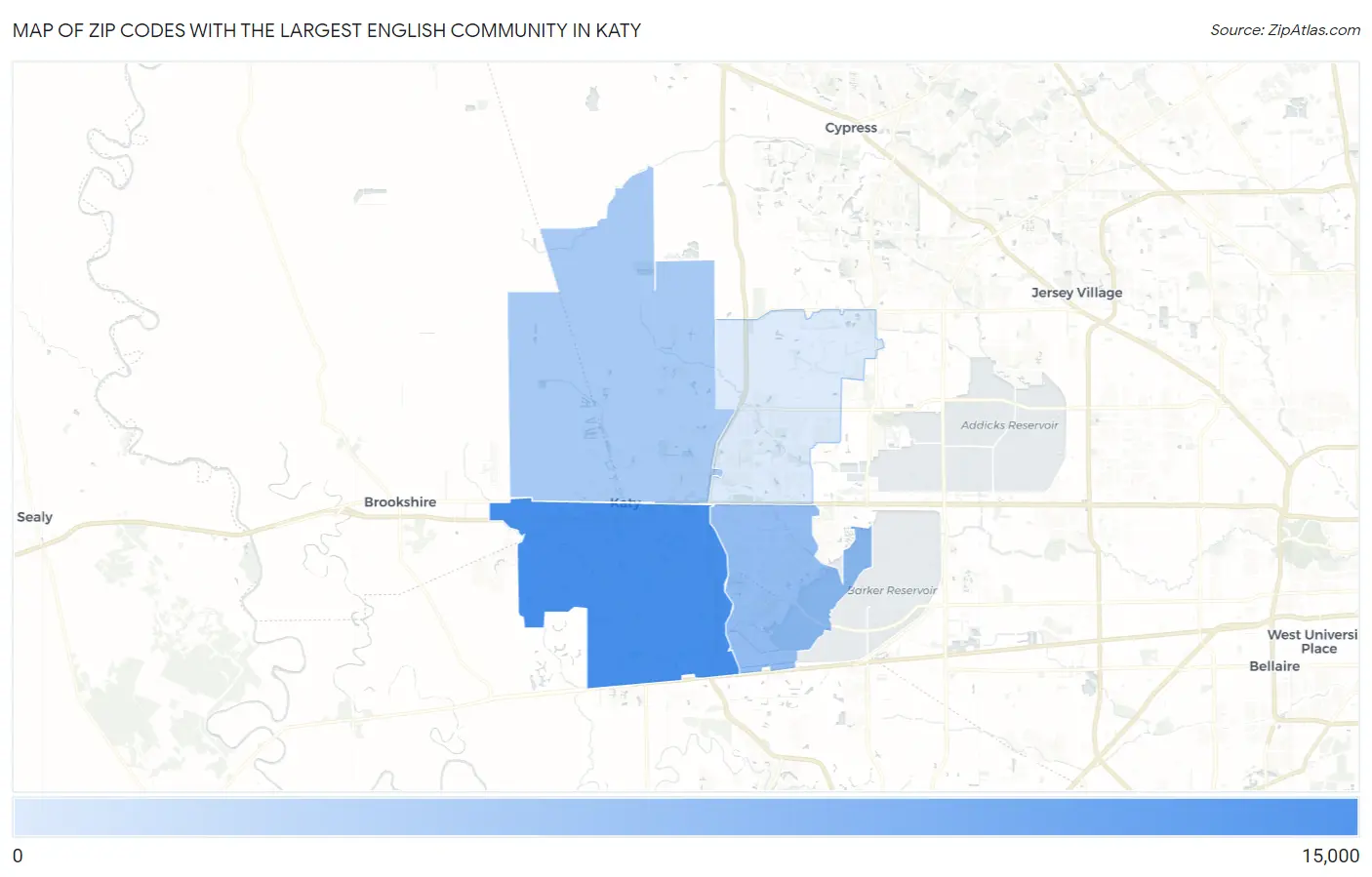 Zip Codes with the Largest English Community in Katy Map