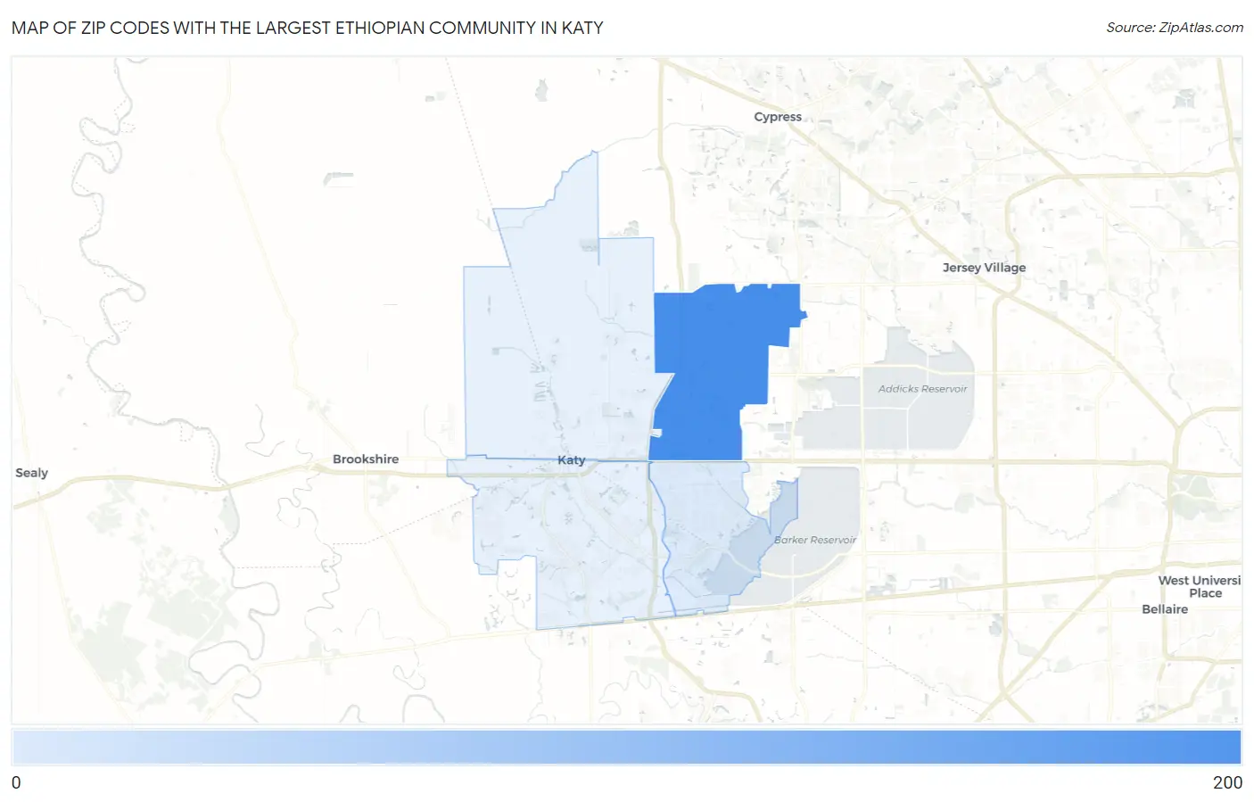 Zip Codes with the Largest Ethiopian Community in Katy Map