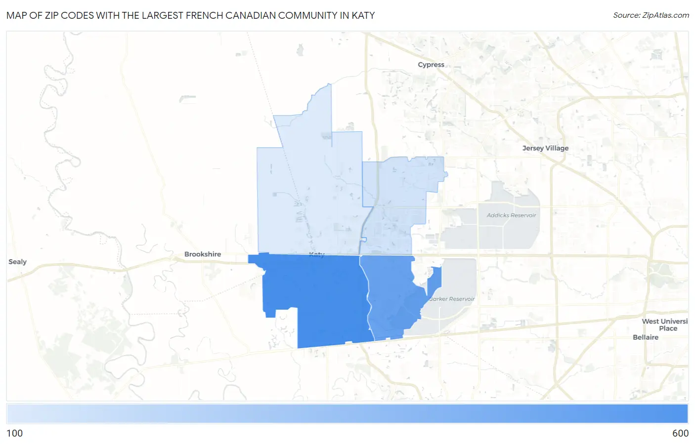 Zip Codes with the Largest French Canadian Community in Katy Map