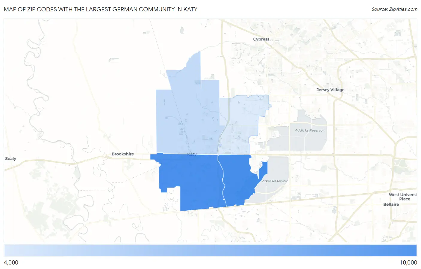 Zip Codes with the Largest German Community in Katy Map