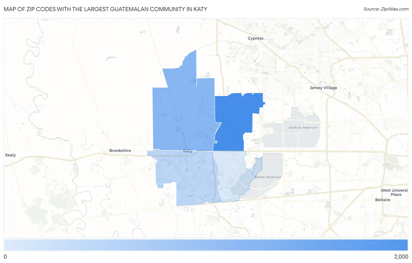 Zip Codes with the Largest Guatemalan Community in Katy Map