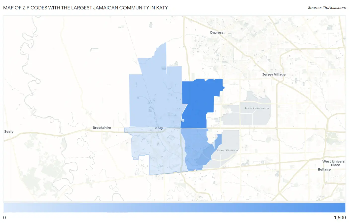 Zip Codes with the Largest Jamaican Community in Katy Map