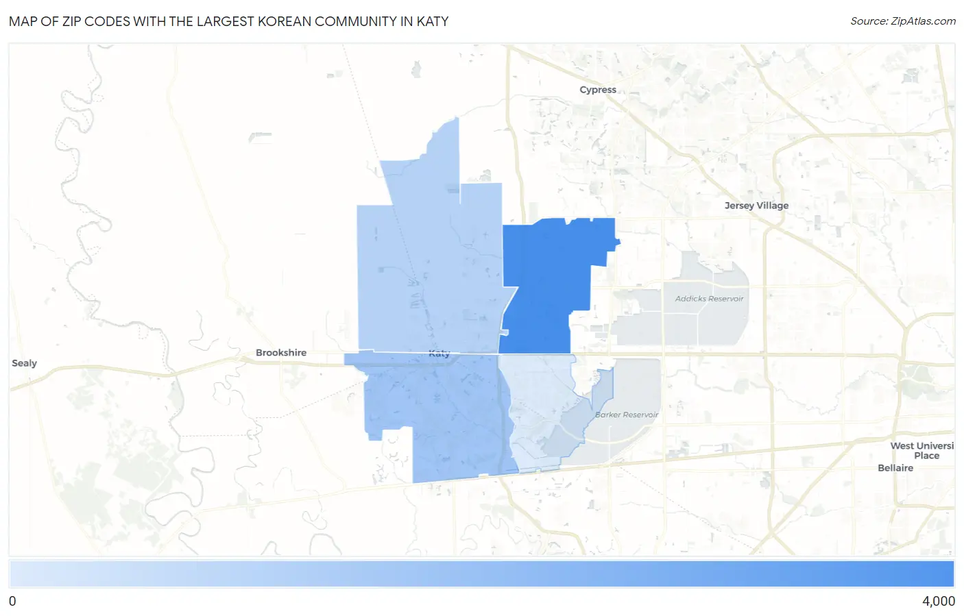 Zip Codes with the Largest Korean Community in Katy Map