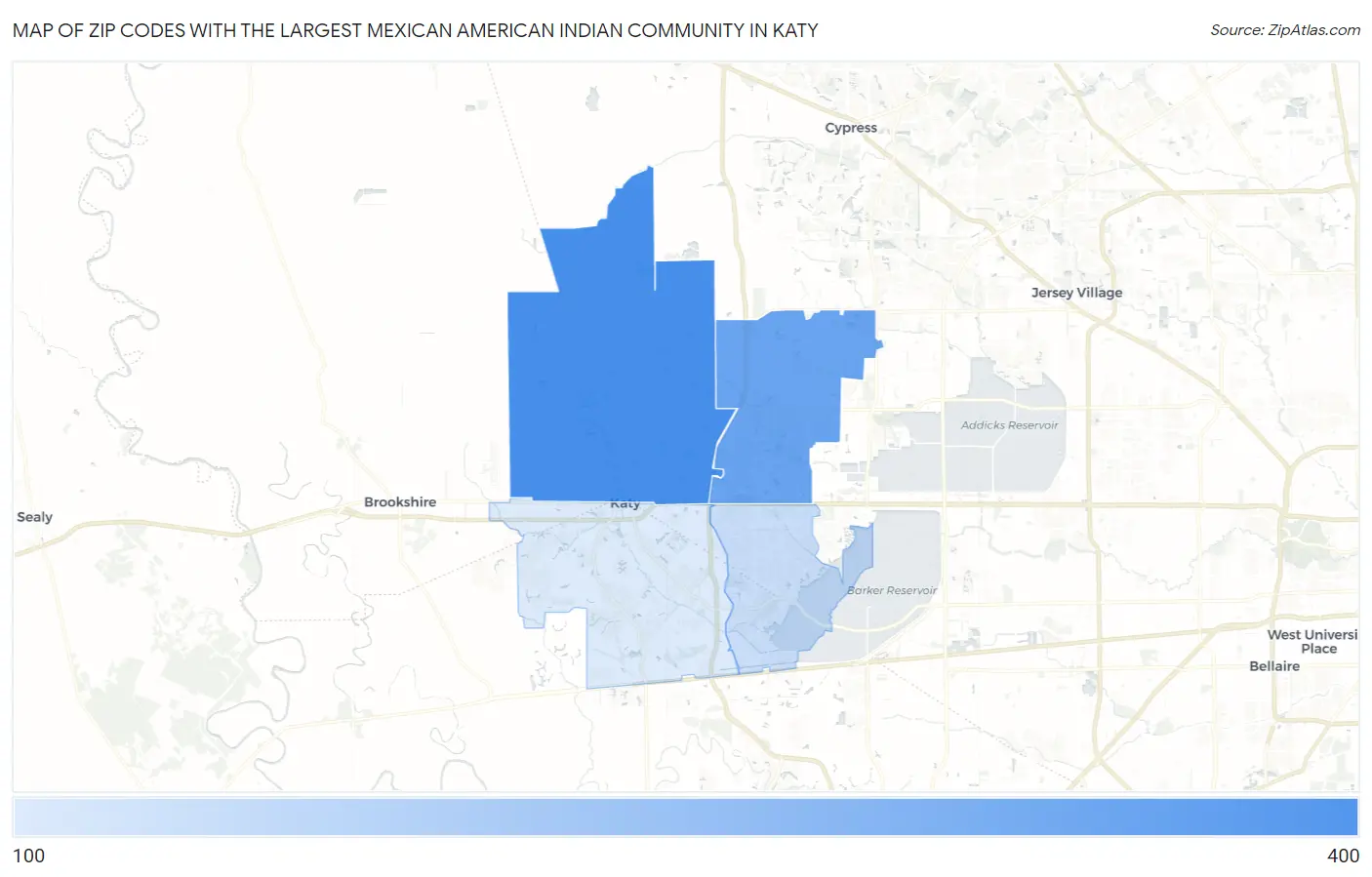 Zip Codes with the Largest Mexican American Indian Community in Katy Map