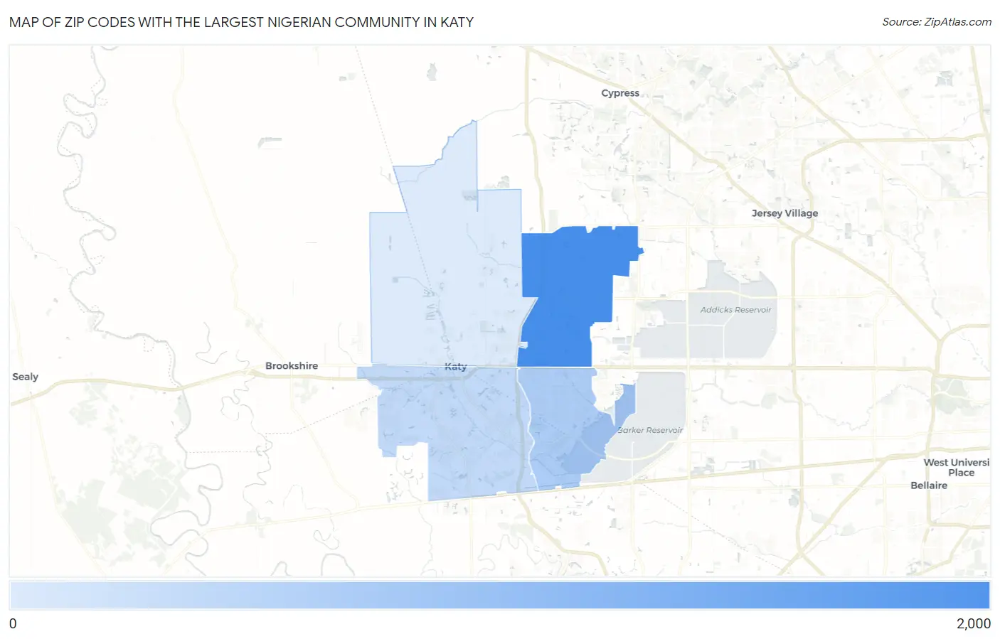 Zip Codes with the Largest Nigerian Community in Katy Map
