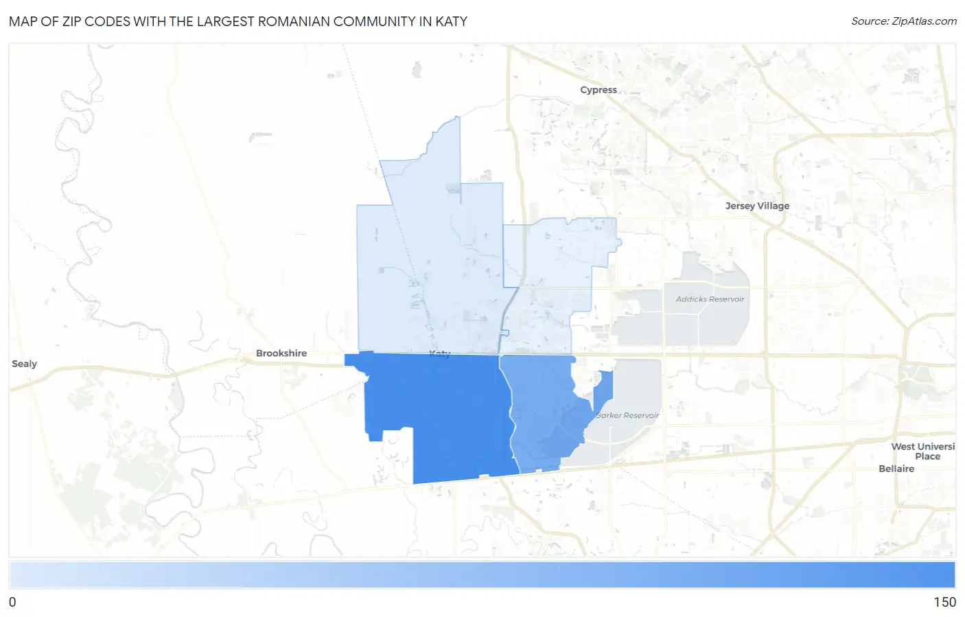 Zip Codes with the Largest Romanian Community in Katy Map