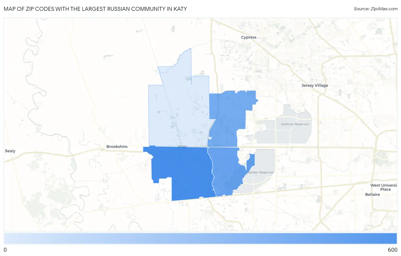 Zip Codes with the Largest Russian Community in Katy Map