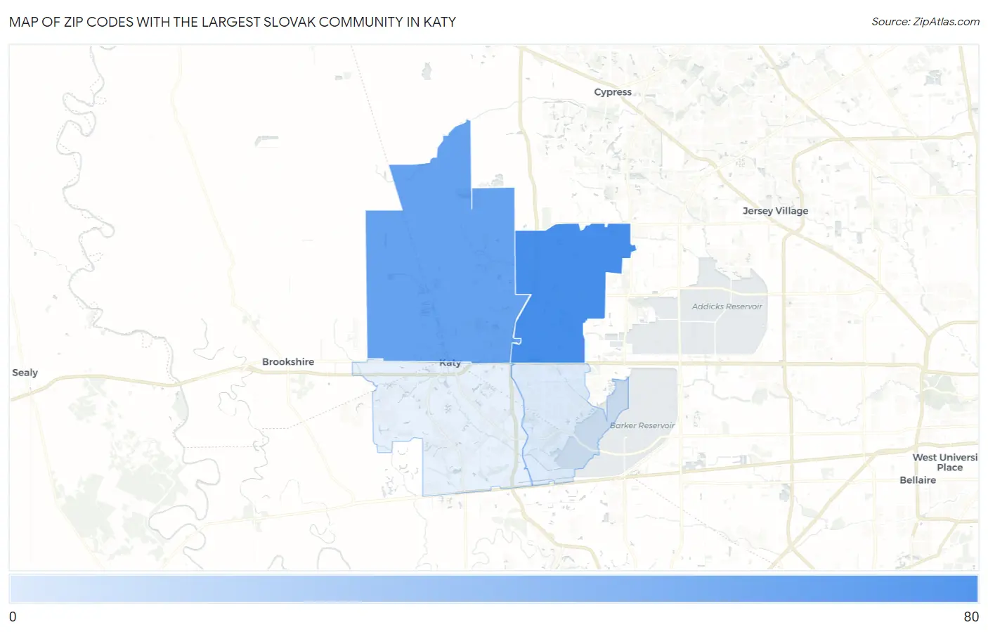 Zip Codes with the Largest Slovak Community in Katy Map