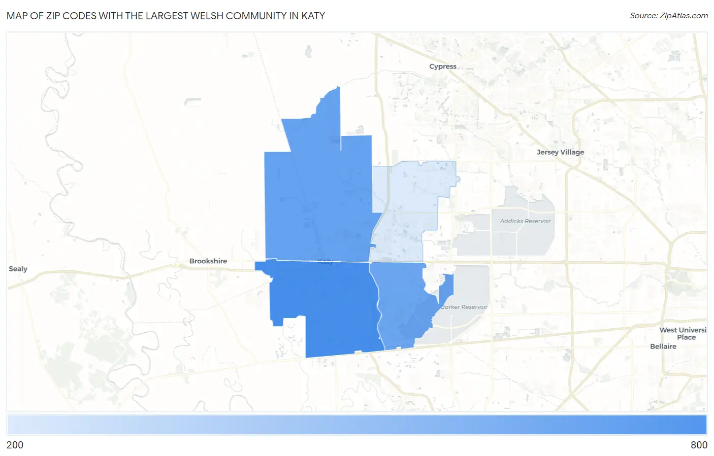 Zip Codes with the Largest Welsh Community in Katy Map