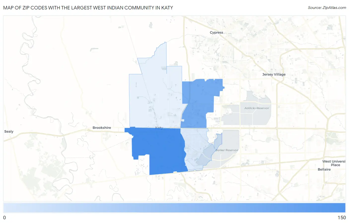 Zip Codes with the Largest West Indian Community in Katy Map