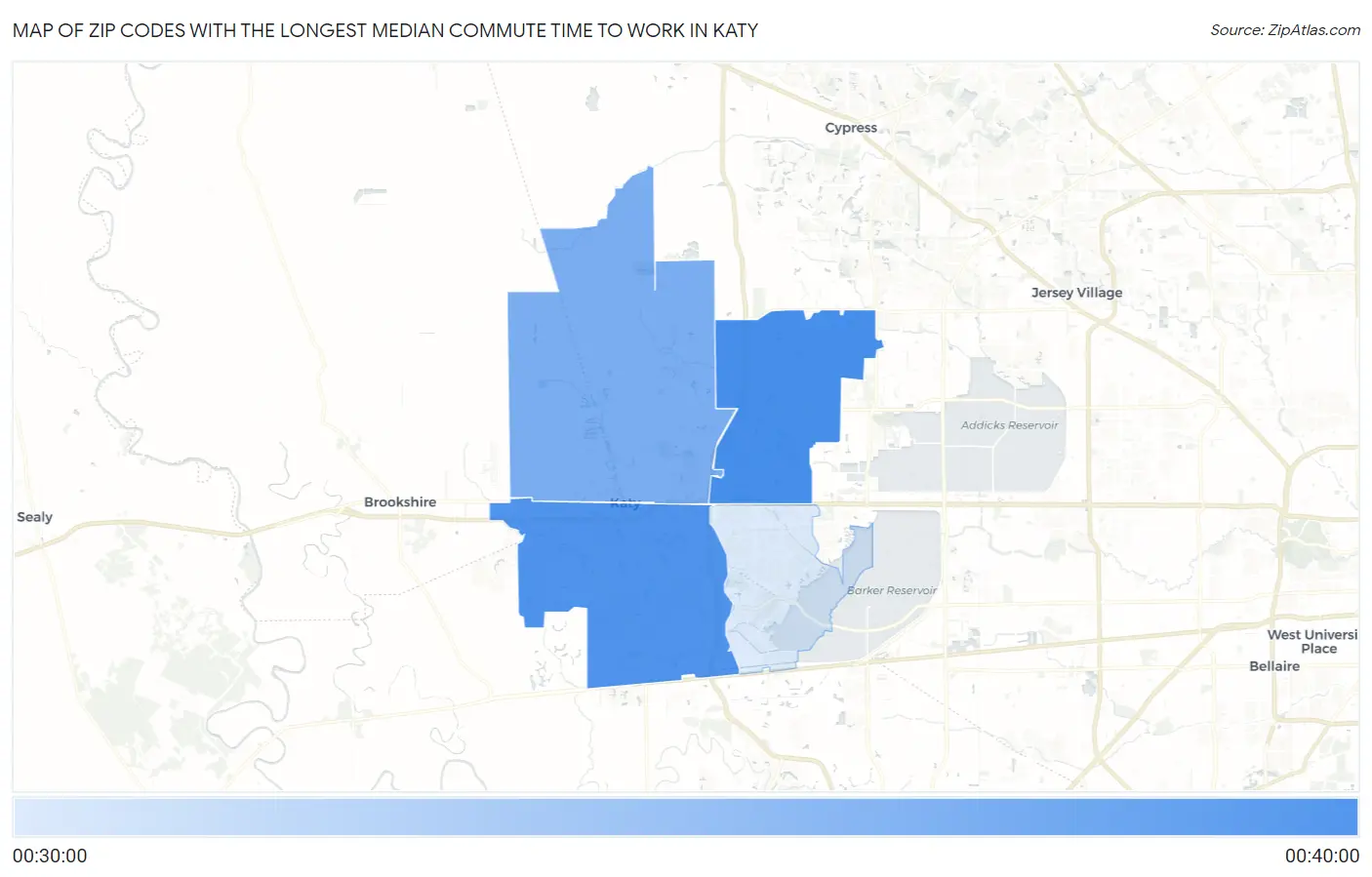 Zip Codes with the Longest Median Commute Time to Work in Katy Map