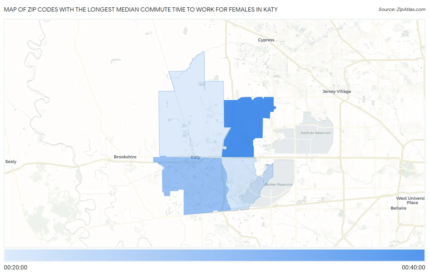 Zip Codes with the Longest Median Commute Time to Work for Females in Katy Map