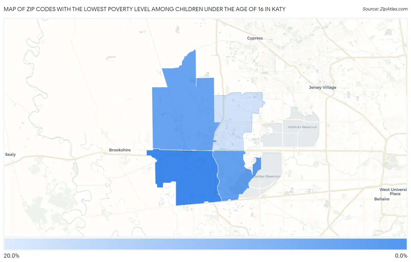 Zip Codes with the Lowest Poverty Level Among Children Under the Age of 16 in Katy Map