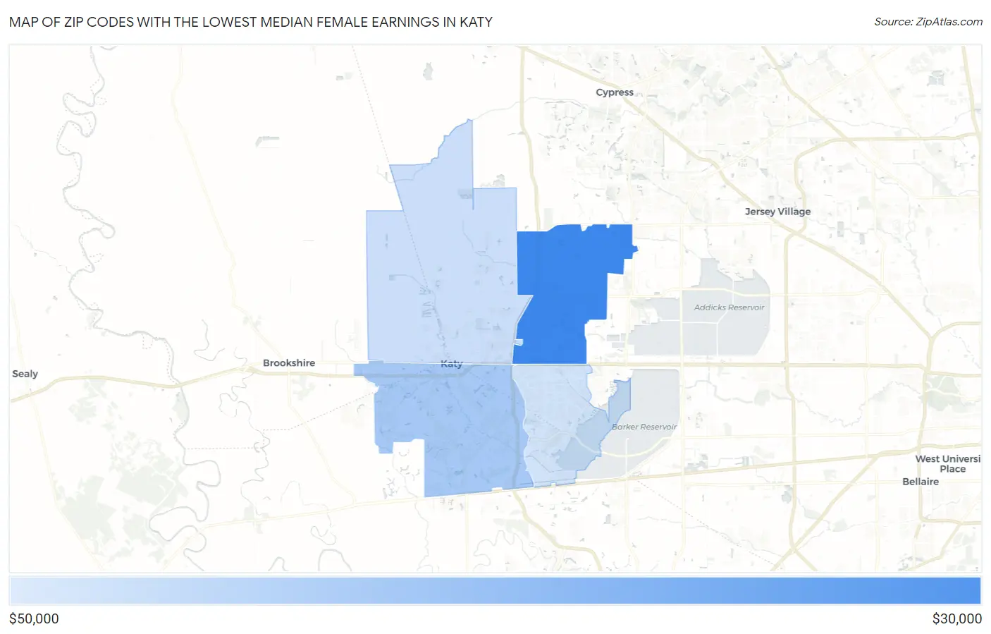 Zip Codes with the Lowest Median Female Earnings in Katy Map