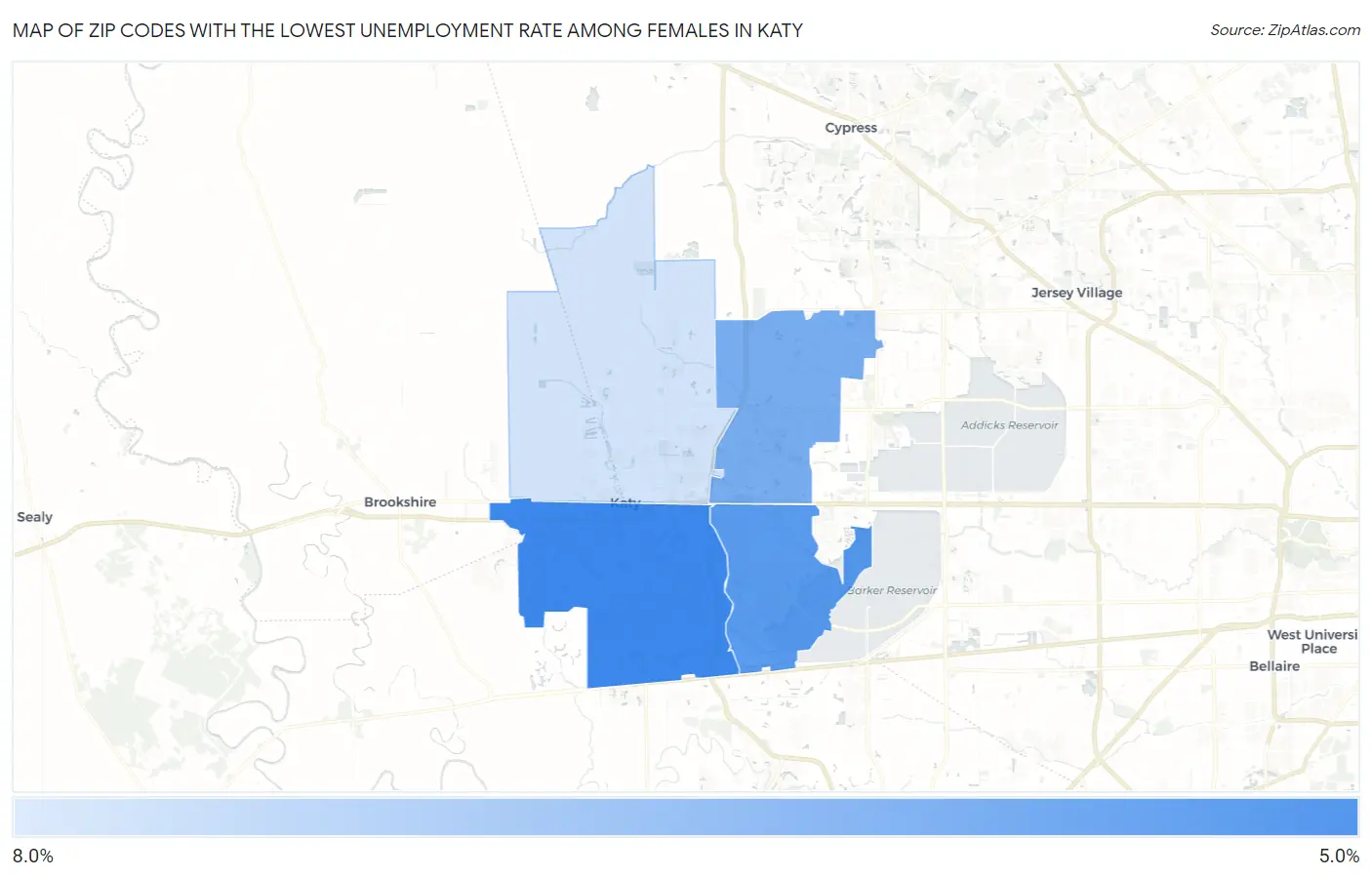 Zip Codes with the Lowest Unemployment Rate Among Females in Katy Map