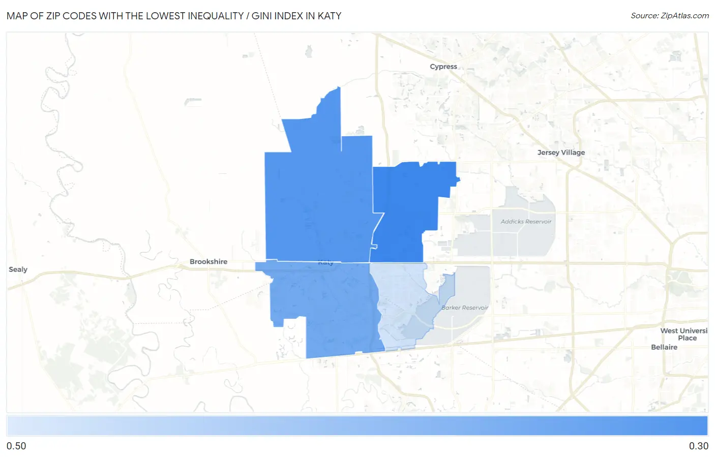 Zip Codes with the Lowest Inequality / Gini Index in Katy Map