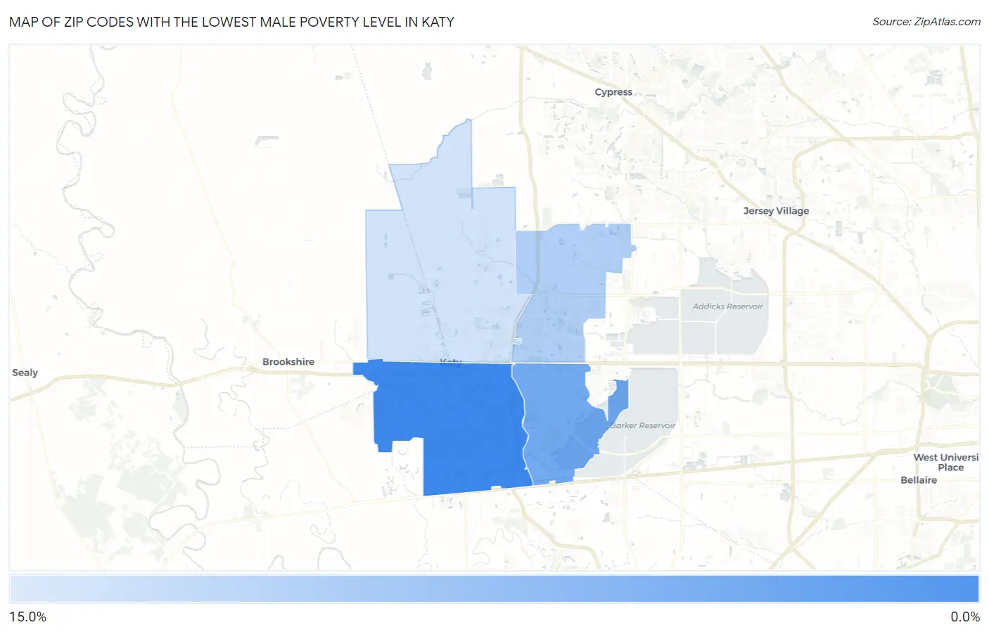 Zip Codes with the Lowest Male Poverty Level in Katy Map