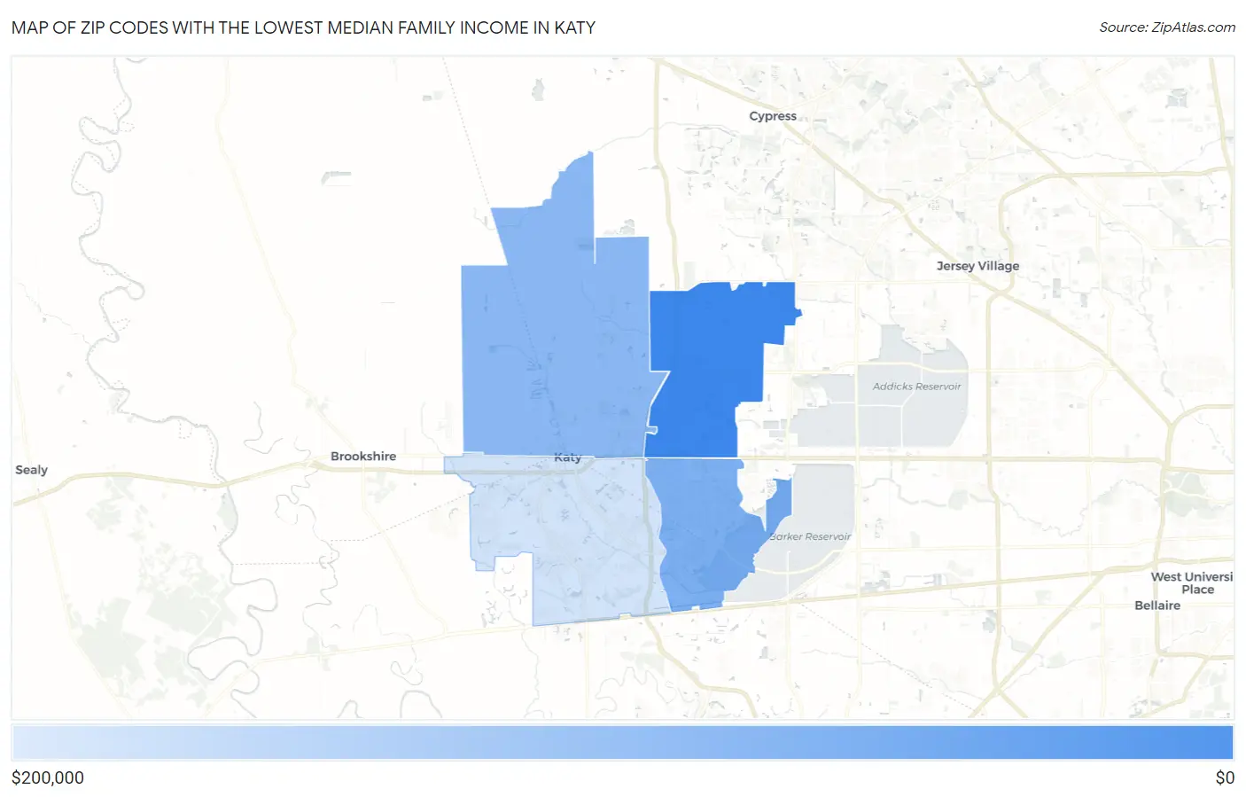 Zip Codes with the Lowest Median Family Income in Katy Map