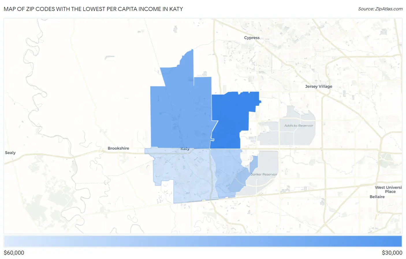 Zip Codes with the Lowest Per Capita Income in Katy Map