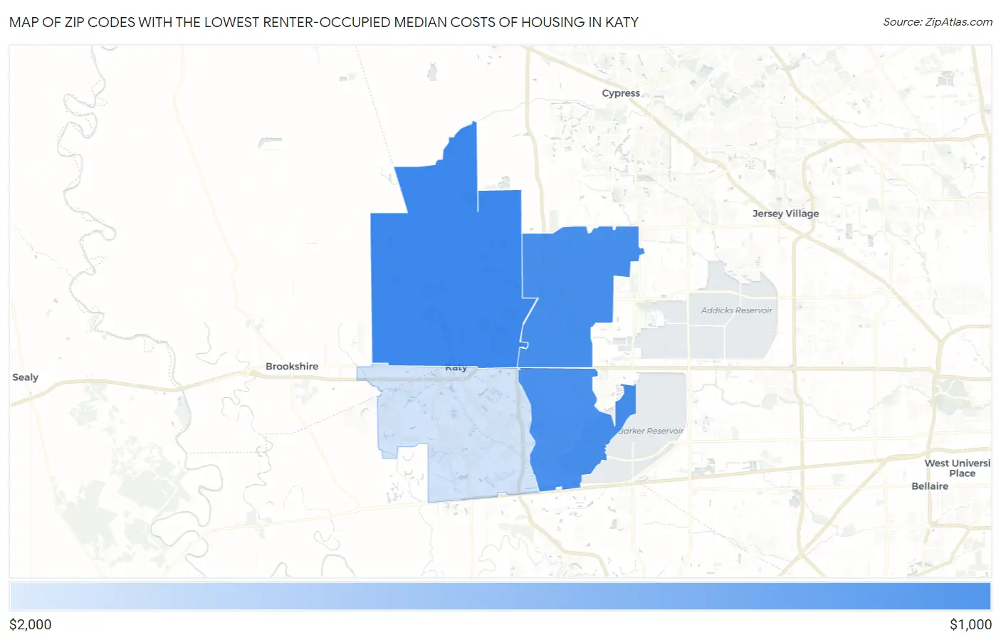 Zip Codes with the Lowest Renter-Occupied Median Costs of Housing in Katy Map