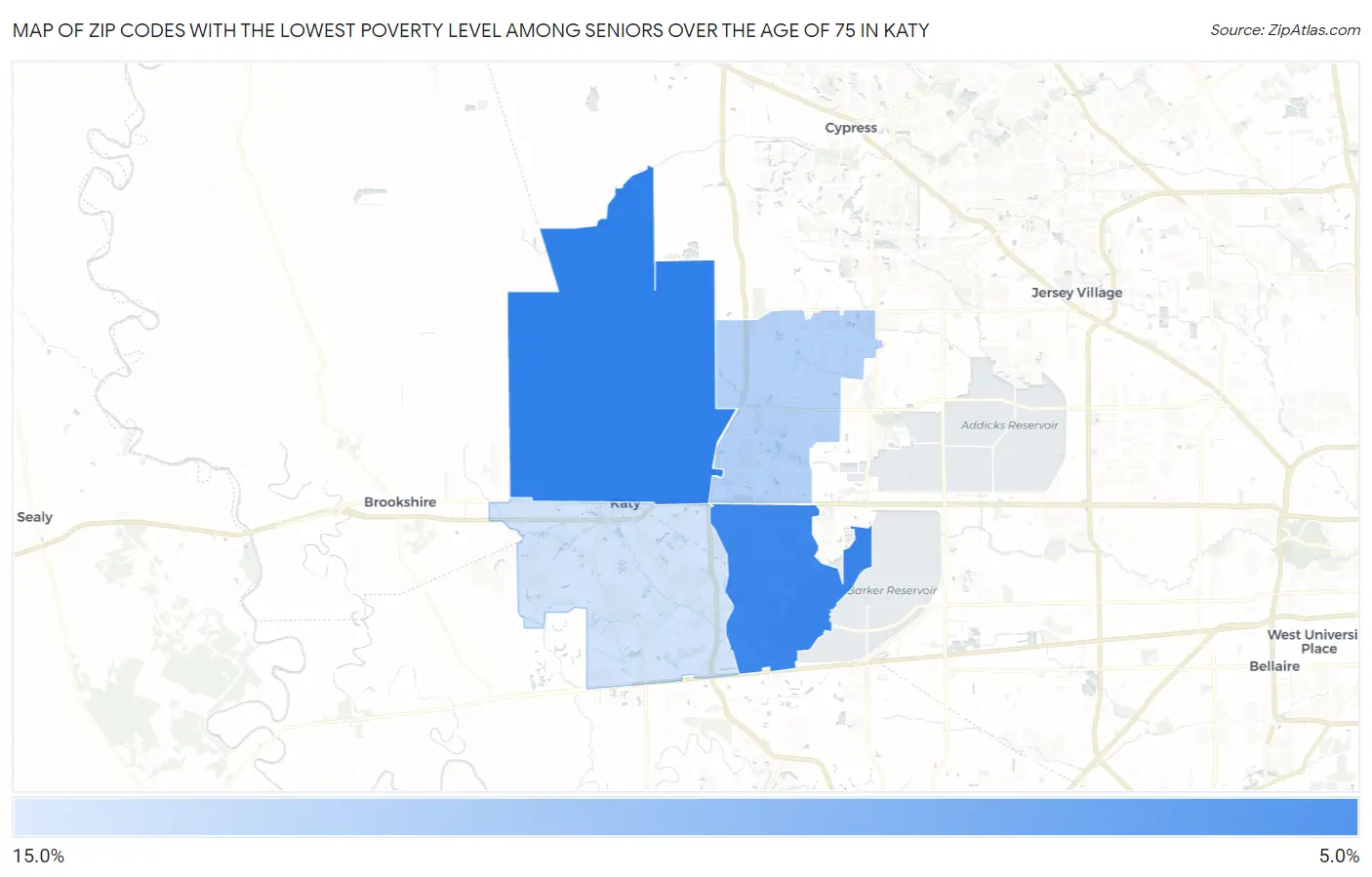 Zip Codes with the Lowest Poverty Level Among Seniors Over the Age of 75 in Katy Map