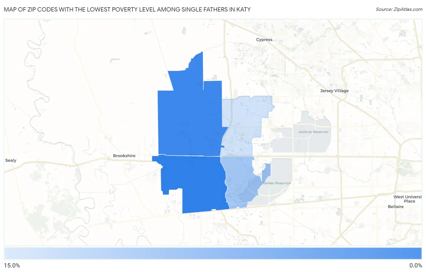Zip Codes with the Lowest Poverty Level Among Single Fathers in Katy Map