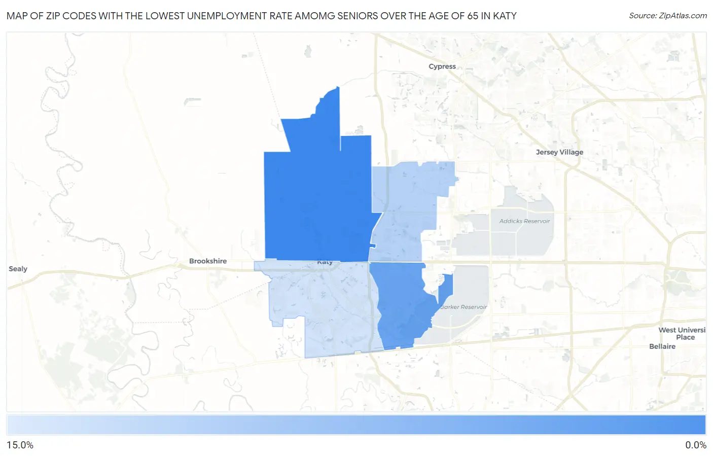 Zip Codes with the Lowest Unemployment Rate Amomg Seniors Over the Age of 65 in Katy Map
