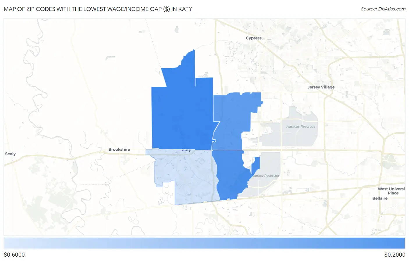 Zip Codes with the Lowest Wage/Income Gap ($) in Katy Map