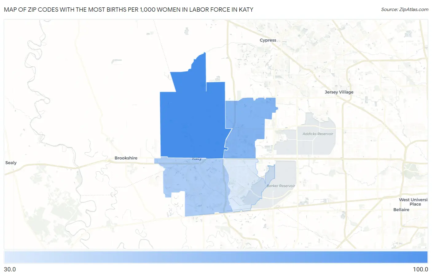 Zip Codes with the Most Births per 1,000 Women in Labor Force in Katy Map