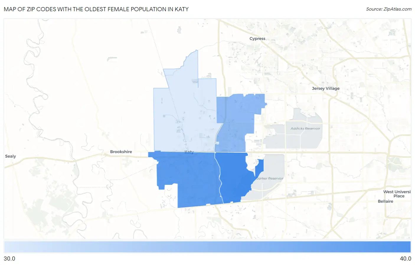 Zip Codes with the Oldest Female Population in Katy Map