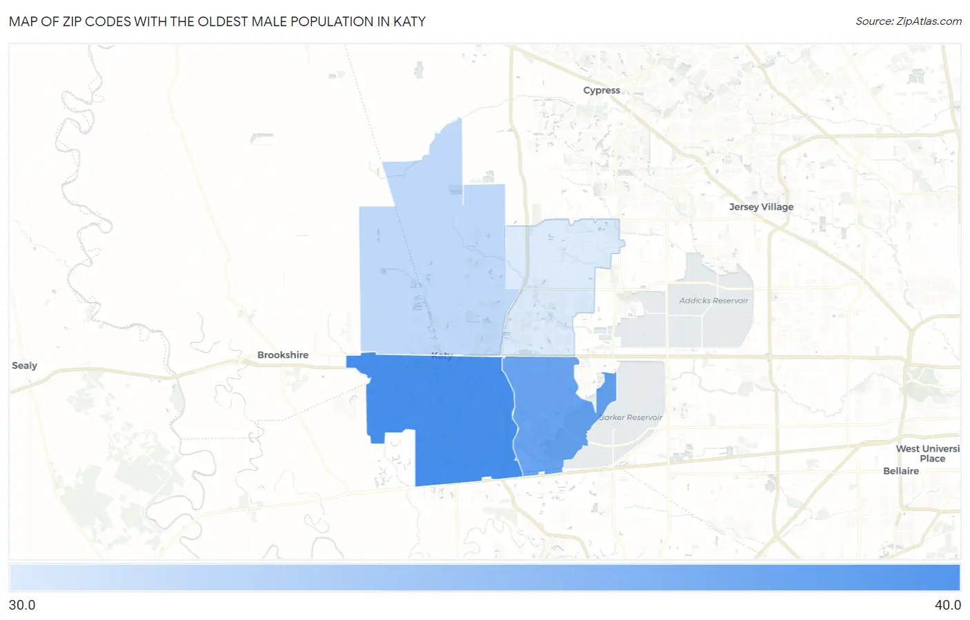 Zip Codes with the Oldest Male Population in Katy Map