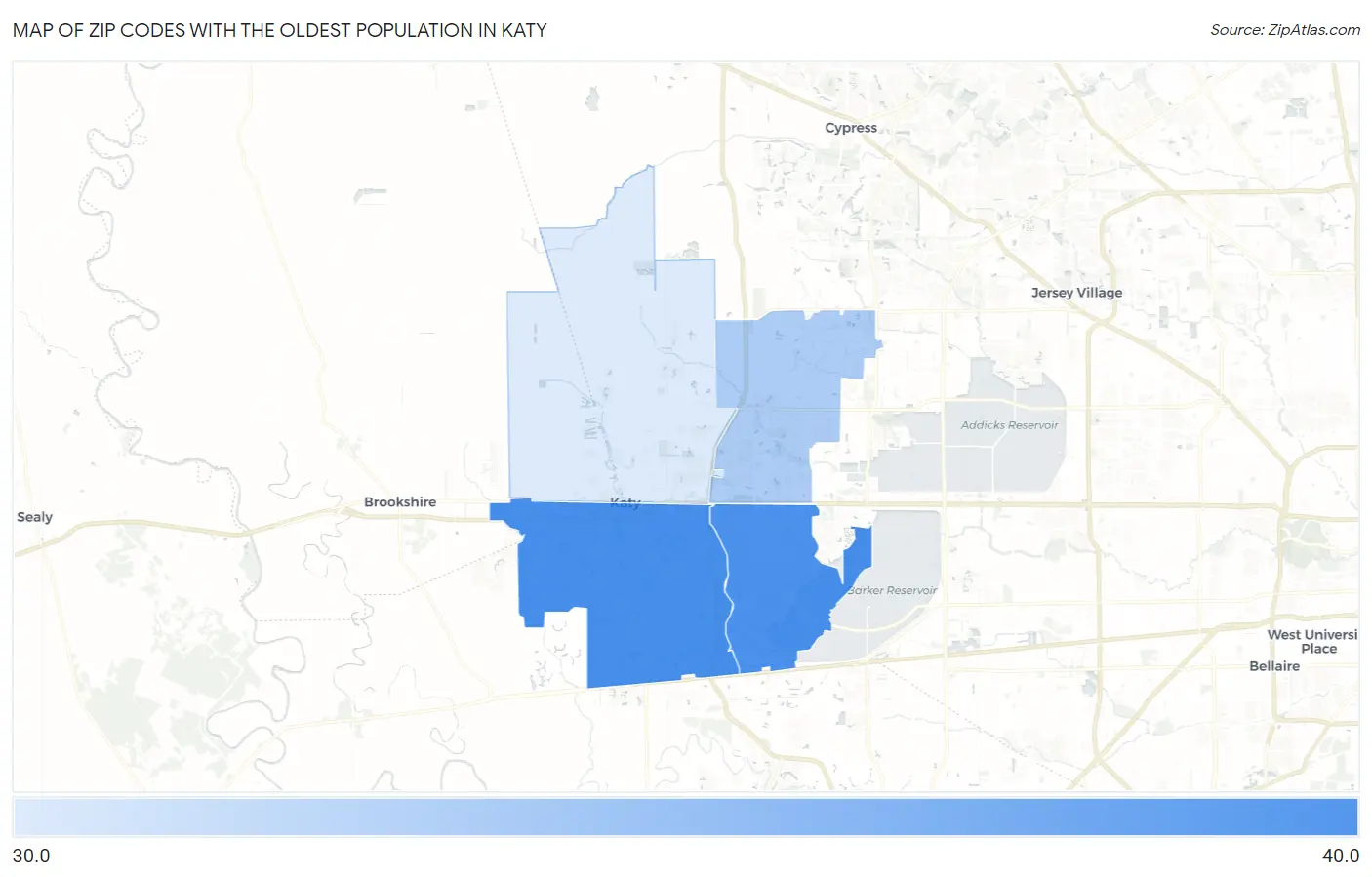 Zip Codes with the Oldest Population in Katy Map