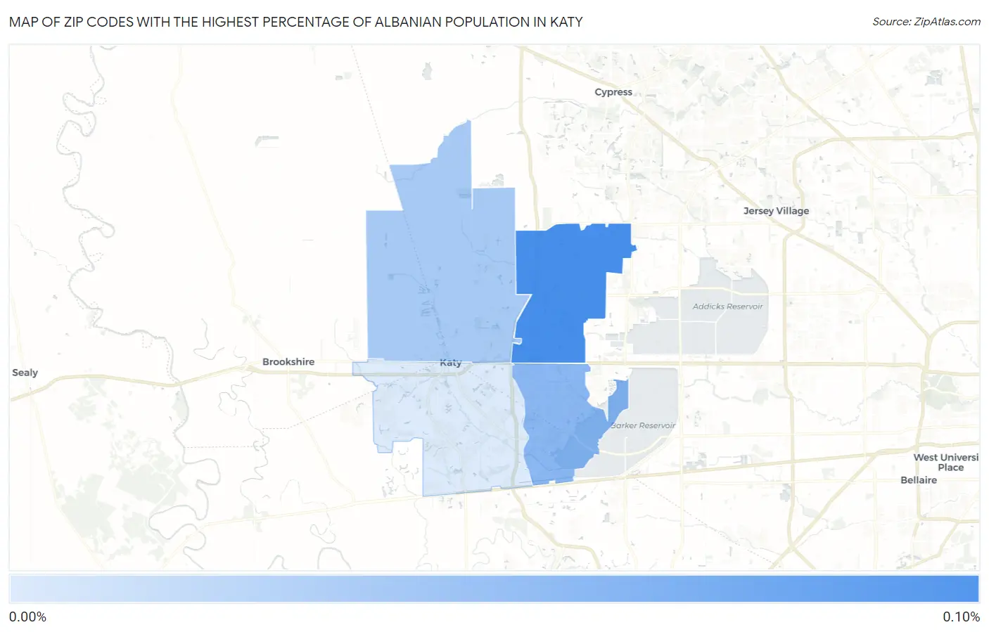 Zip Codes with the Highest Percentage of Albanian Population in Katy Map