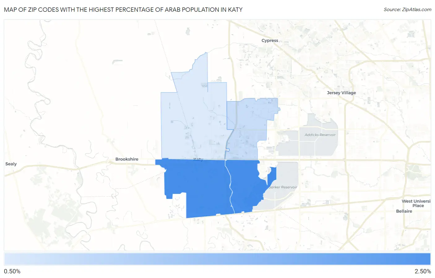 Zip Codes with the Highest Percentage of Arab Population in Katy Map