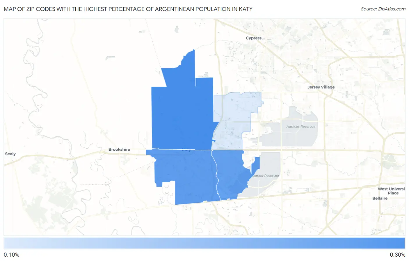 Zip Codes with the Highest Percentage of Argentinean Population in Katy Map