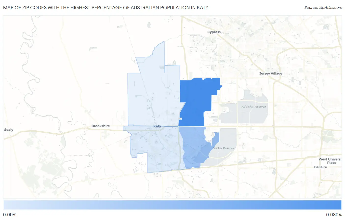 Zip Codes with the Highest Percentage of Australian Population in Katy Map